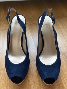 Stuart Weitzman Navy Suede Peep-Toe Slingback Heels with Gold Buckle